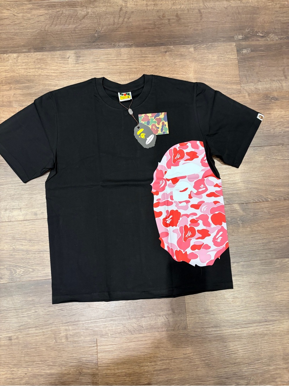 Bape Black Tee with Pink & Red Camo Ape Face